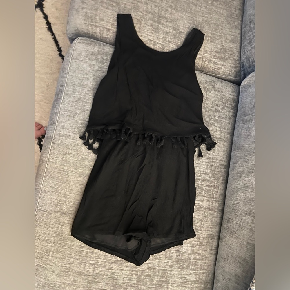 Size small black gauze and fringe romper, Ayala brand